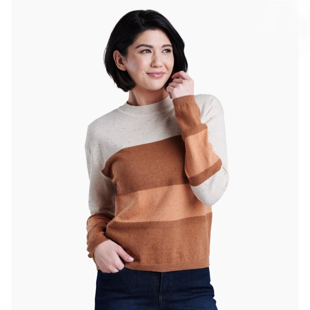 KÜHL Neutral Cream Brown  Colorblock Cotton Blend Crewneck Sweater Size Small